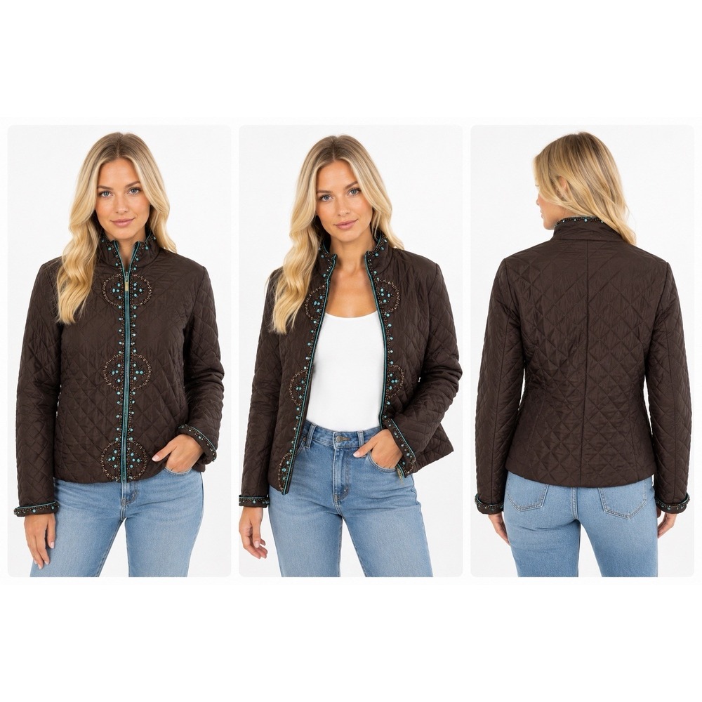 Silkland Quilted Beaded Jacket Brown Turquoise Western Boho Goblincore Artisan‎ - Picture 6 of 16